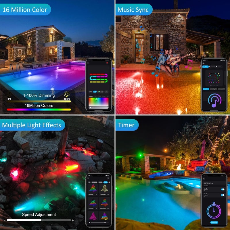 T-SUN LED Pond Lights Underwater, Color Changing Submersible Fountain Lights with APP Control, Waterproof Spotlight with 16 Million Colors, Timing, Music Sync (RGB, 6-Head) - Image 5